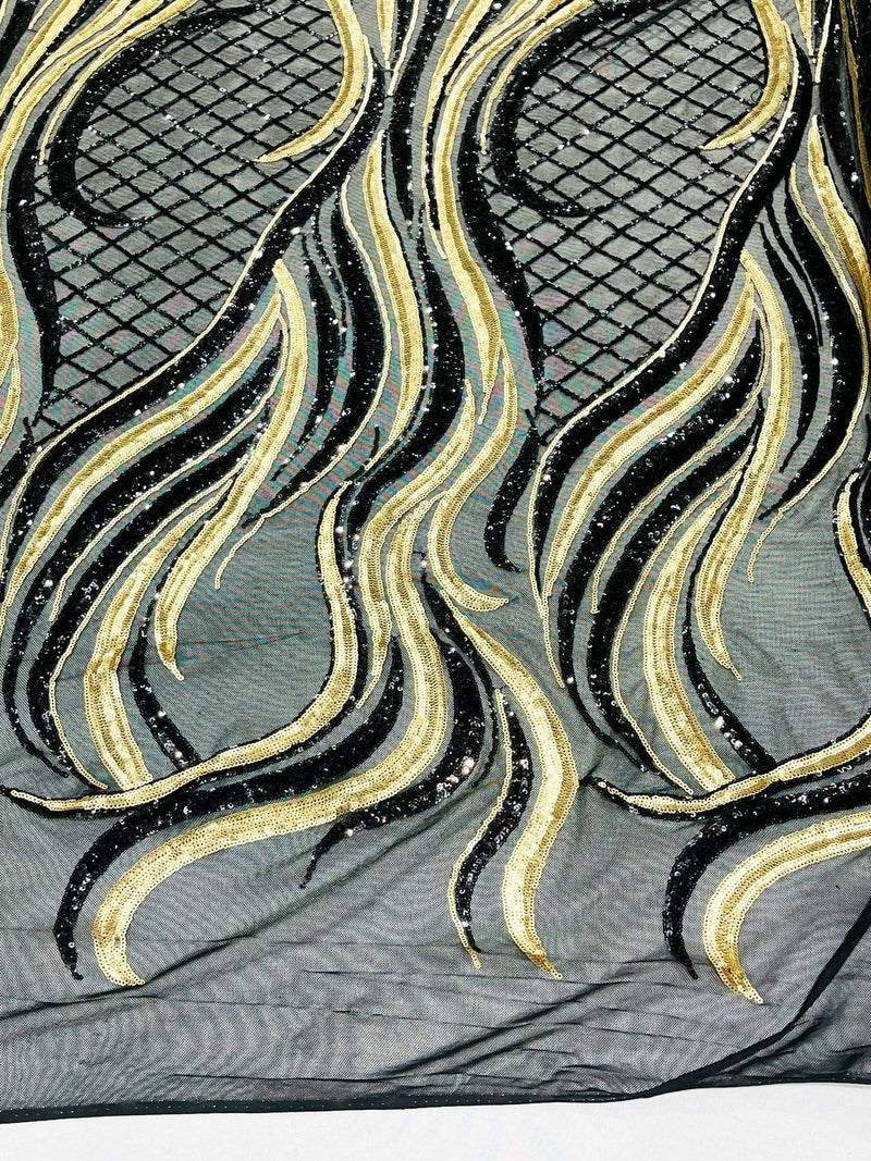 Two Tone Design - Black / Matte Gold - Wavy Lines Geometric Sequins Design 4 Way Stretch Sold By Yard