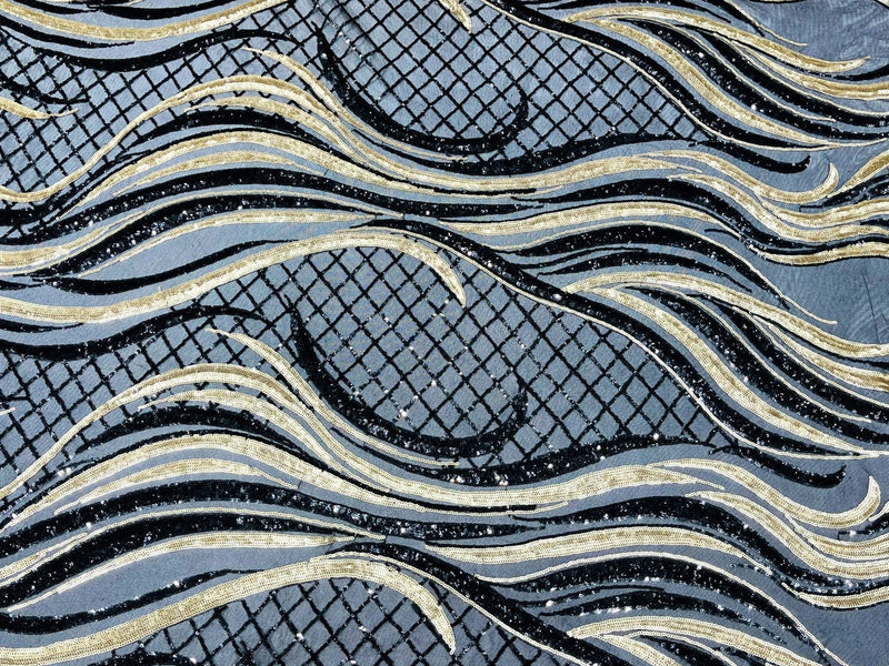 Two Tone Design - Black / Matte Gold - Wavy Lines Geometric Sequins Design 4 Way Stretch Sold By Yard