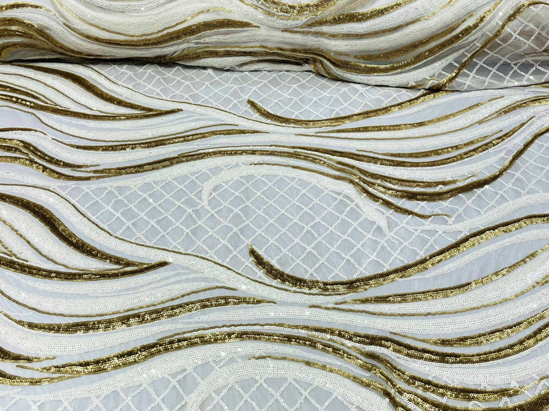 Two Tone Design - White / Matte Gold - Wavy Lines Geometric Sequins Design 4 Way Stretch Sold By Yard