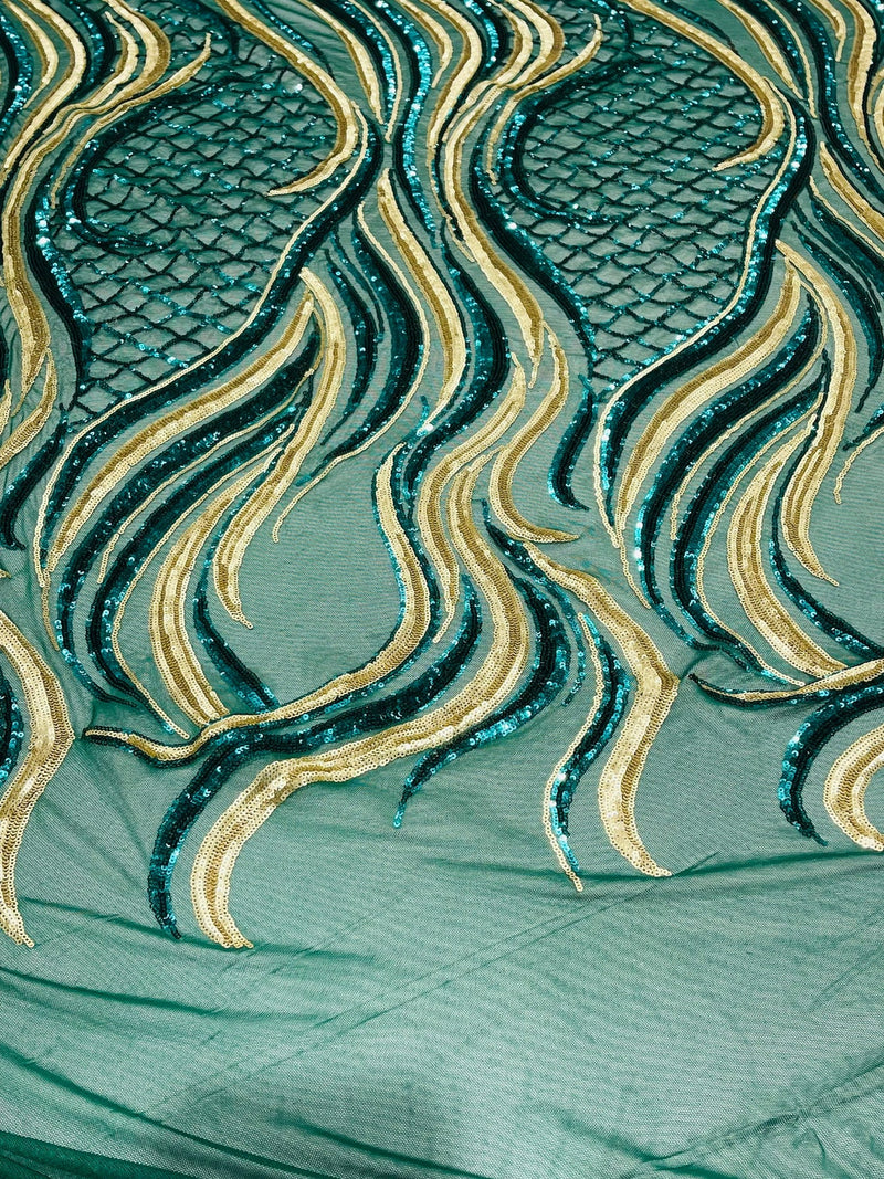 Two Tone Design - Green / Matte Gold Wavy Lines Geometric Sequins Design 4 Way Stretch Sold By Yard