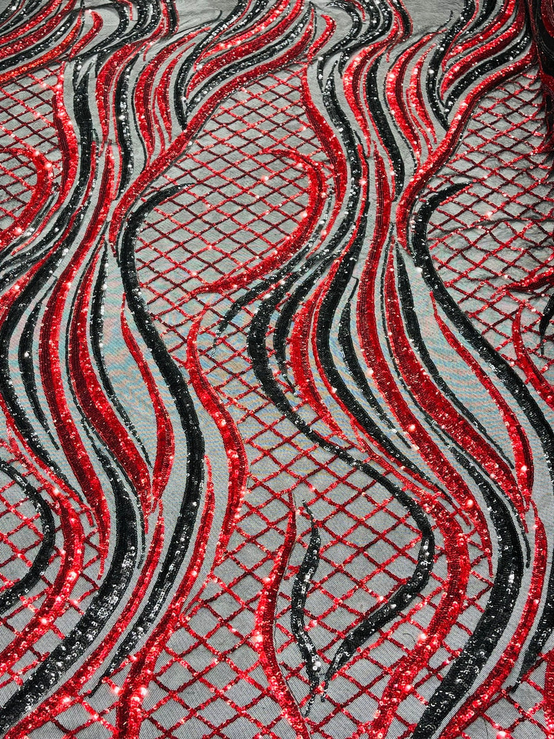 Two Tone Design - Red / Black - Wavy Lines Geometric Sequins Design 4 Way Stretch Sold By Yard