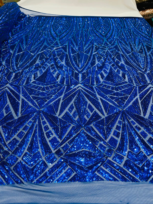 Geometric Fabric - Royal Blue - Geometric Sequins Pattern Design 4 Way Stretch Sold By Yard