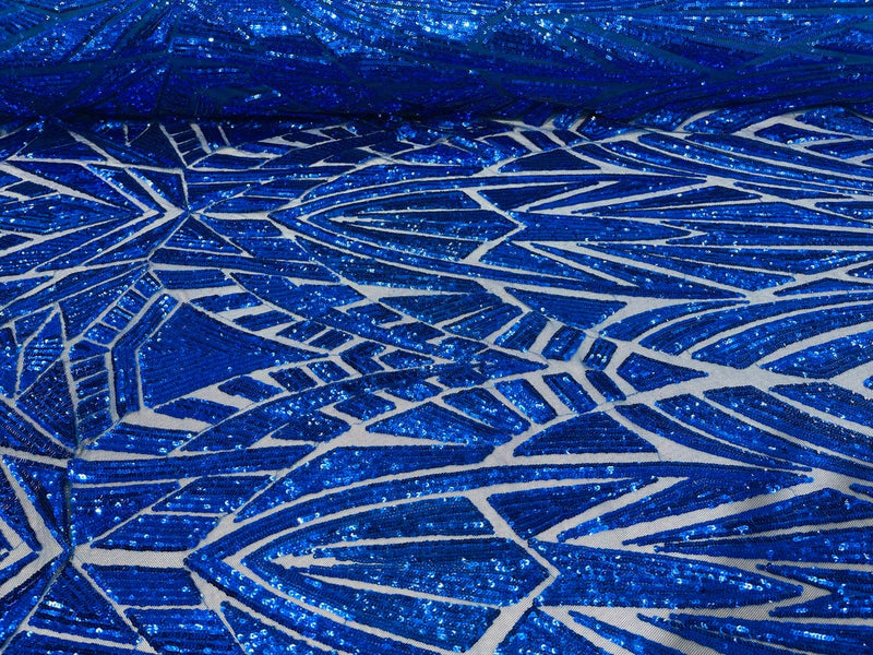 Geometric Fabric - Royal Blue - Geometric Sequins Pattern Design 4 Way Stretch Sold By Yard