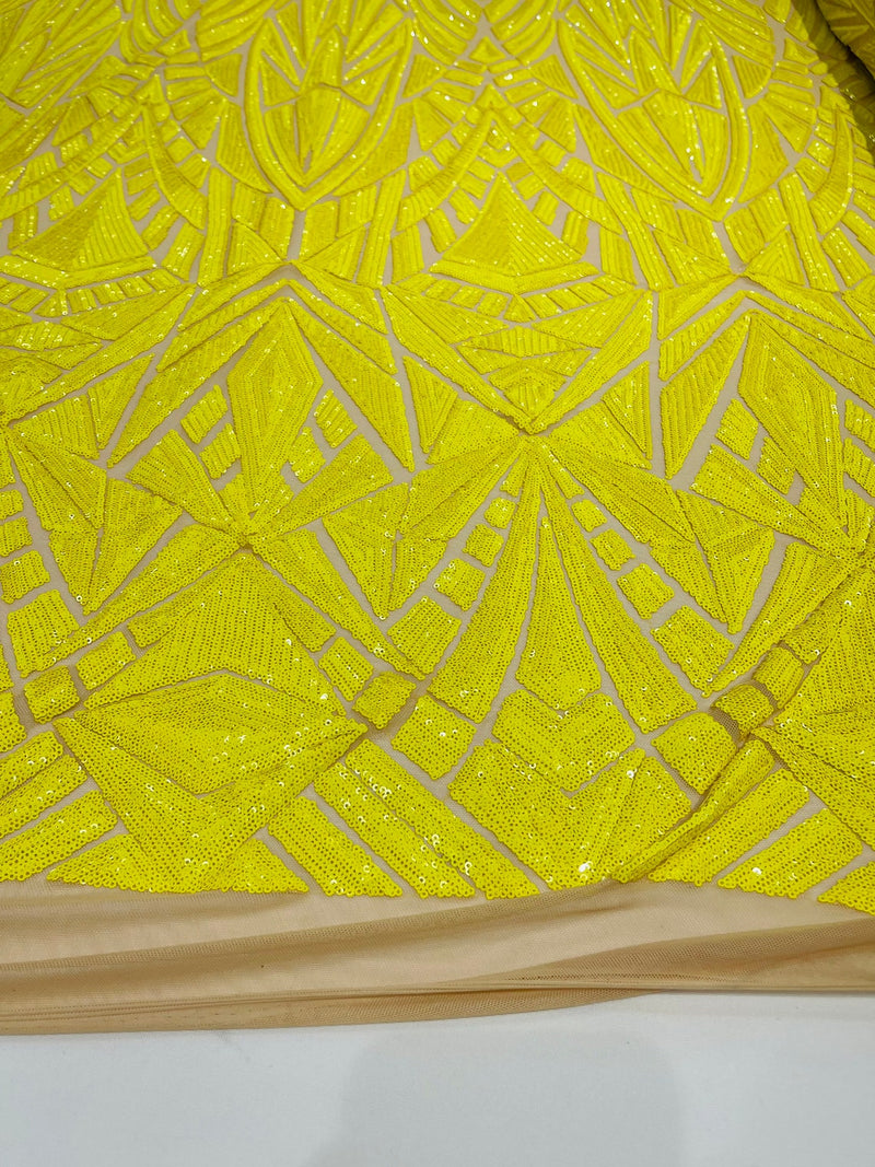 Geometric Fabric - Yellow - Geometric Sequins Pattern Design 4 Way Stretch Sold By Yard