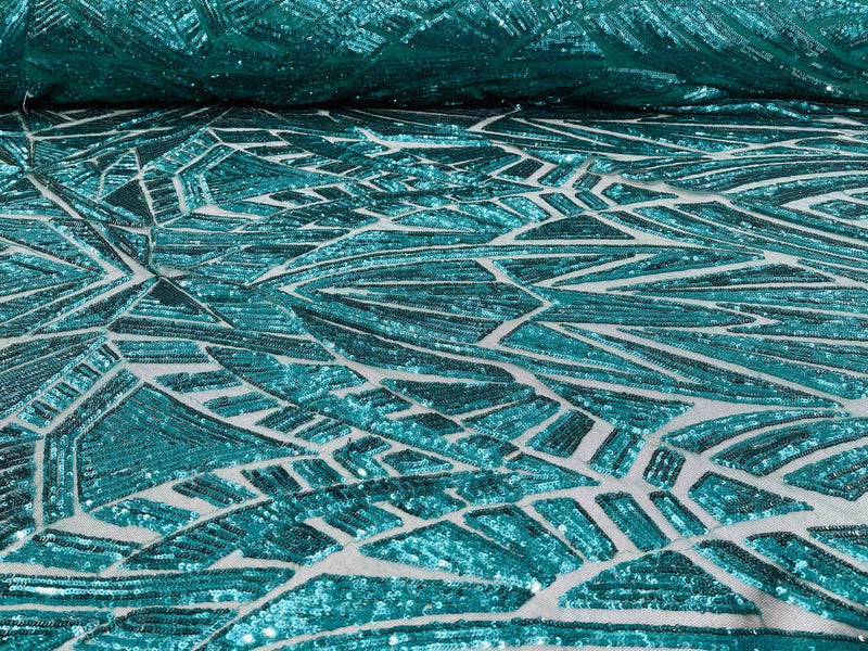 Geometric Fabric - Hunter Green - Geometric Sequins Pattern Design 4 Way Stretch Sold By Yard