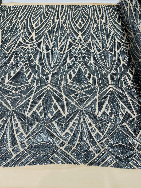 Geometric Fabric - Charcoal - Geometric Sequins Pattern Design 4 Way Stretch Sold By Yard