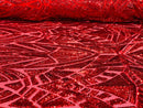 Geometric Fabric - Red - Geometric Sequins Pattern Design 4 Way Stretch Sold By Yard
