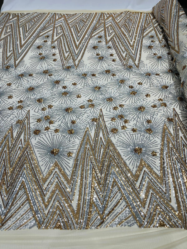 Geometric Sequins Fabric - Silver / Gold - Triangle Firework Pattern 4 Way Stretch Sold By Yard