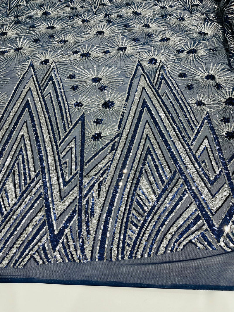 Geometric Sequins Fabric - Navy/Silver - Triangle Firework Pattern 4 Way Stretch Sold By Yard