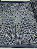 Geometric Sequins Fabric - Navy/Silver - Triangle Firework Pattern 4 Way Stretch Sold By Yard