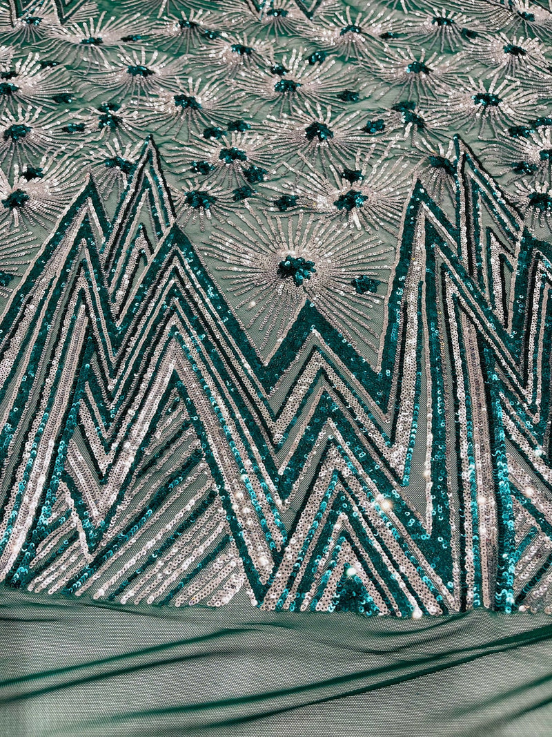 Geometric Sequins Fabric - Hunter Green - Triangle Firework Pattern 4 Way Stretch Sold By Yard