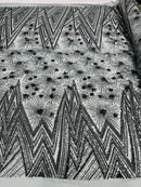 Geometric Sequins Fabric - Charcoal - Triangle Firework Pattern 4 Way Stretch Sold By Yard
