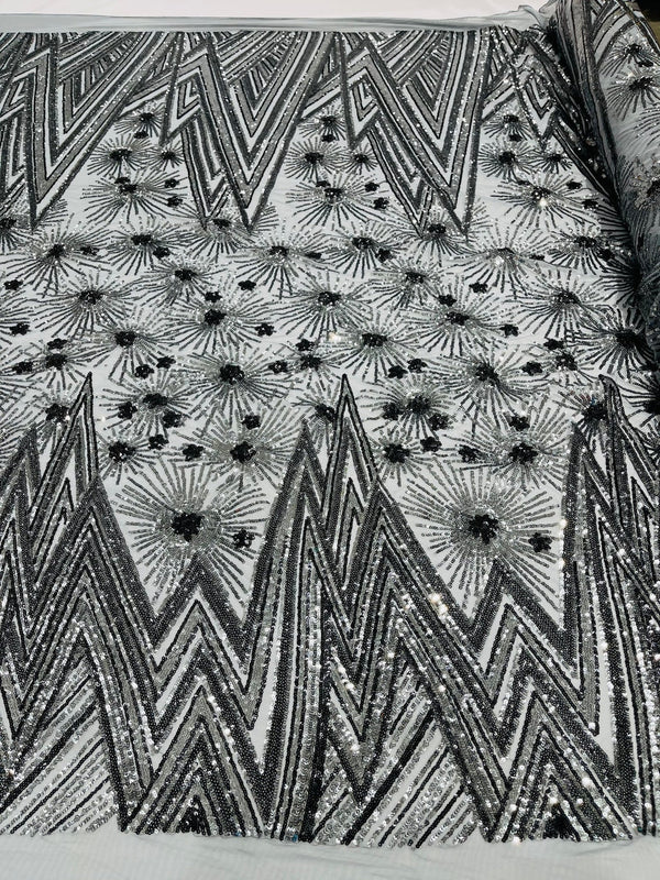 Geometric Sequins Fabric - Charcoal - Triangle Firework Pattern 4 Way Stretch Sold By Yard