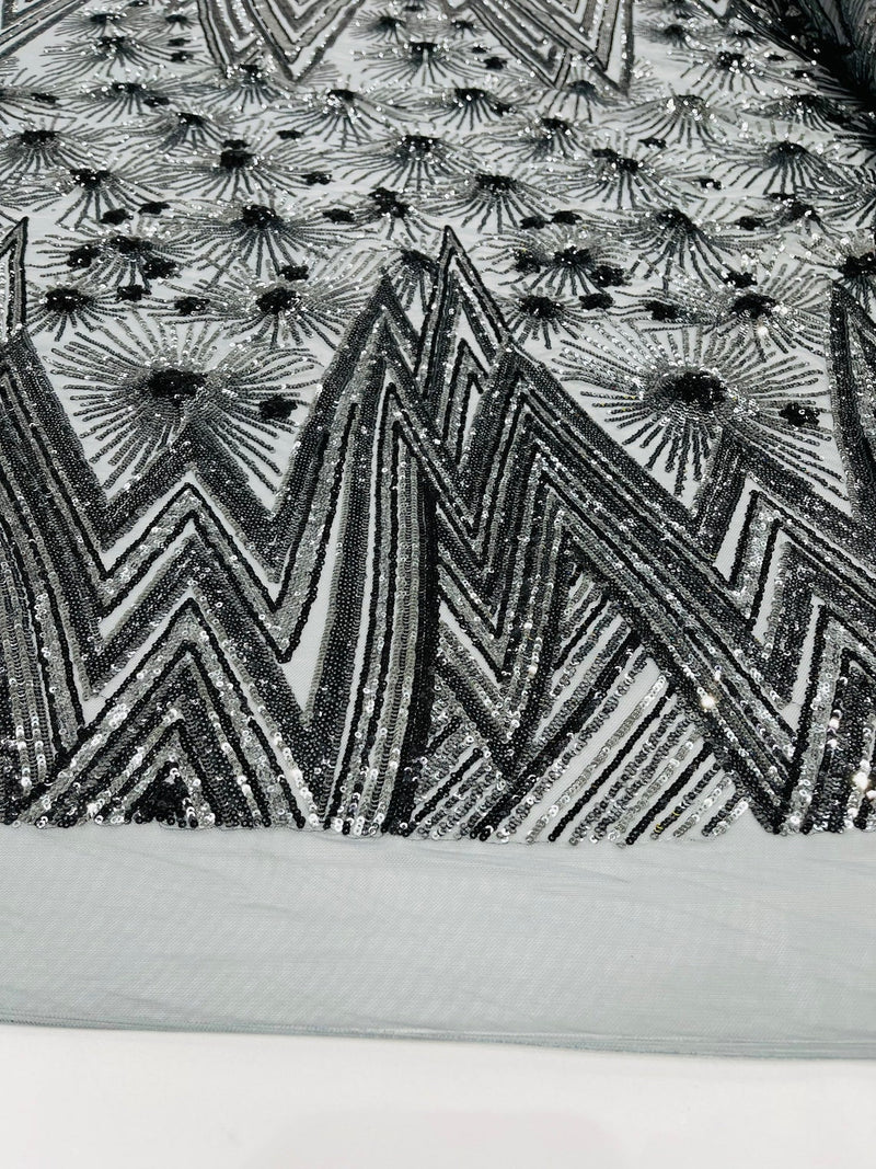 Geometric Sequins Fabric - Charcoal - Triangle Firework Pattern 4 Way Stretch Sold By Yard