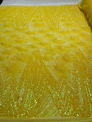 Geometric Sequins Fabric - Iridescent Yellow - Triangle Firework Pattern 4 Way Stretch Sold By Yard