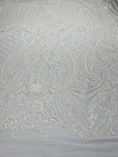 Damask Geometric Sequins - White - 4 Way Stretch Sequins Damask Pattern Design Sold By Yard