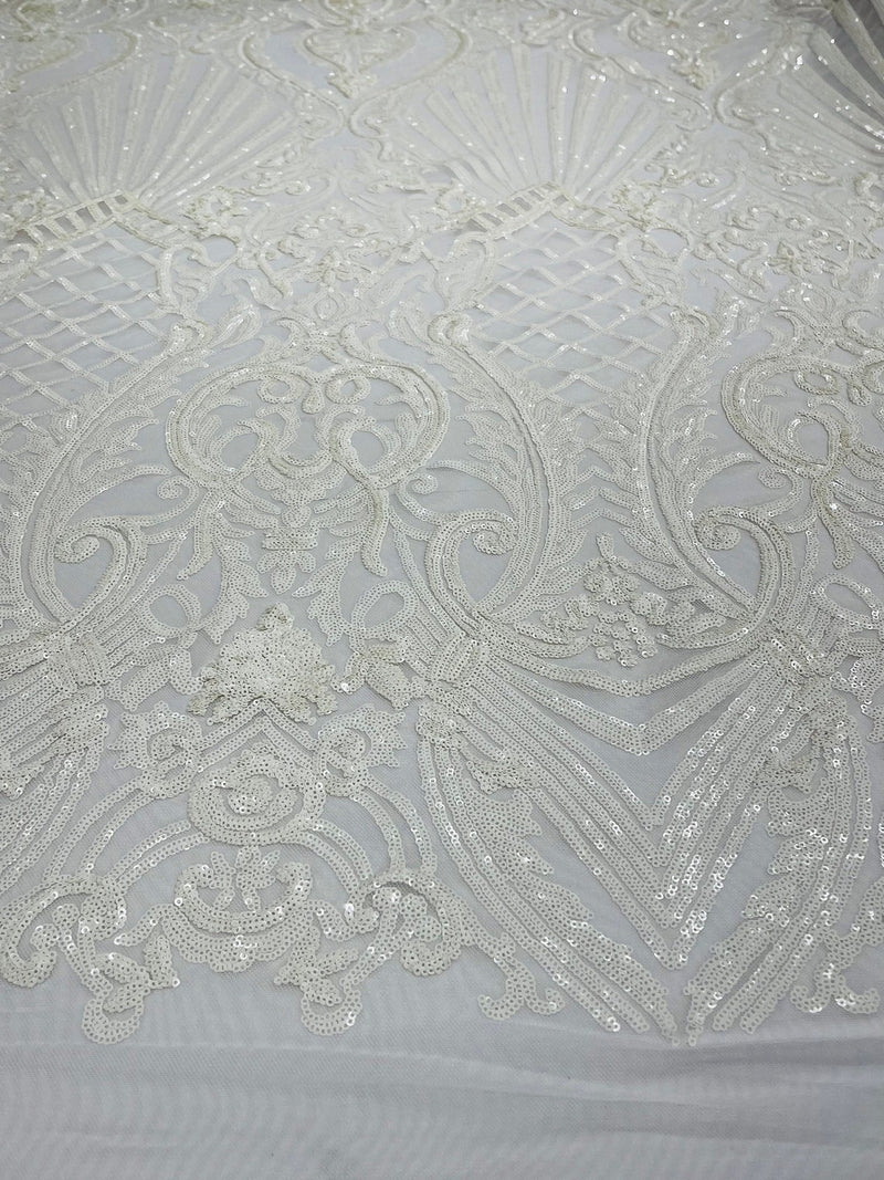 Damask Geometric Sequins - White - 4 Way Stretch Sequins Damask Pattern Design Sold By Yard