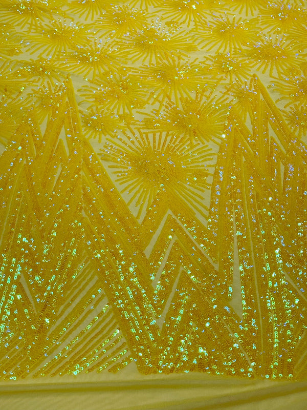 Geometric Sequins Fabric - Iridescent Yellow - Triangle Firework Pattern 4 Way Stretch Sold By Yard