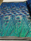 Geometric Sequins Fabric - Iridescent Green - Triangle Firework Pattern 4 Way Stretch Sold By Yard