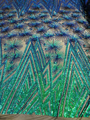 Geometric Sequins Fabric - Iridescent Green - Triangle Firework Pattern 4 Way Stretch Sold By Yard