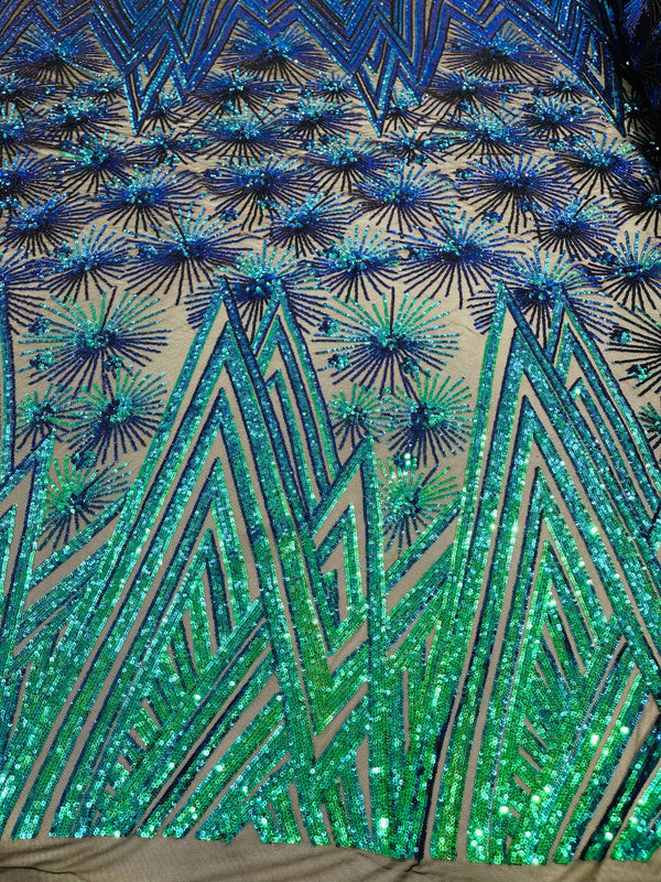 Geometric Sequins Fabric - Iridescent Green - Triangle Firework Pattern 4 Way Stretch Sold By Yard