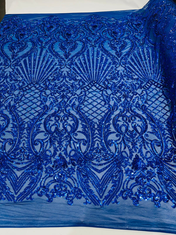 Damask Geometric Sequins - Royal Blue - 4 Way Stretch Sequins Damask Pattern Design Sold By Yard