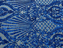 Damask Geometric Sequins - Royal Blue - 4 Way Stretch Sequins Damask Pattern Design Sold By Yard