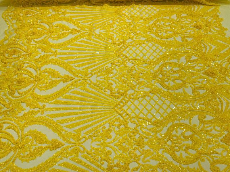 Damask Geometric Sequins - Yellow - 4 Way Stretch Sequins Damask Pattern Design Sold By Yard