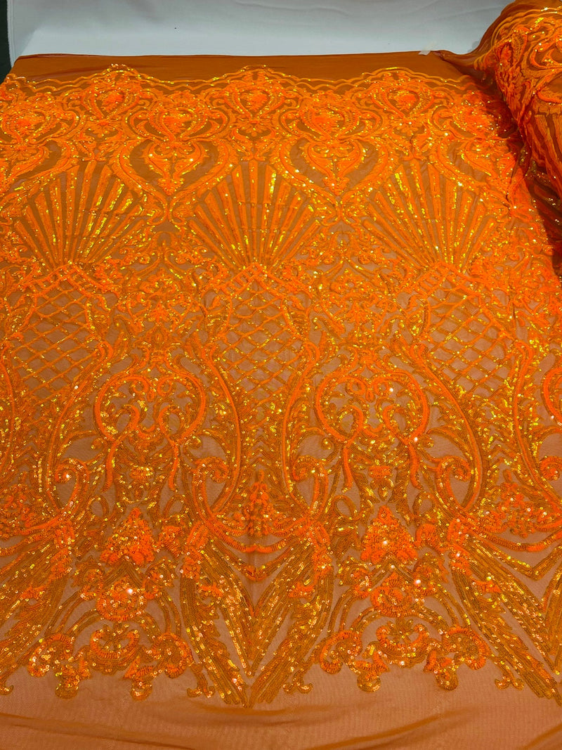 Damask Geometric Sequins - Orange - 4 Way Stretch Sequins Damask Pattern Design Sold By Yard