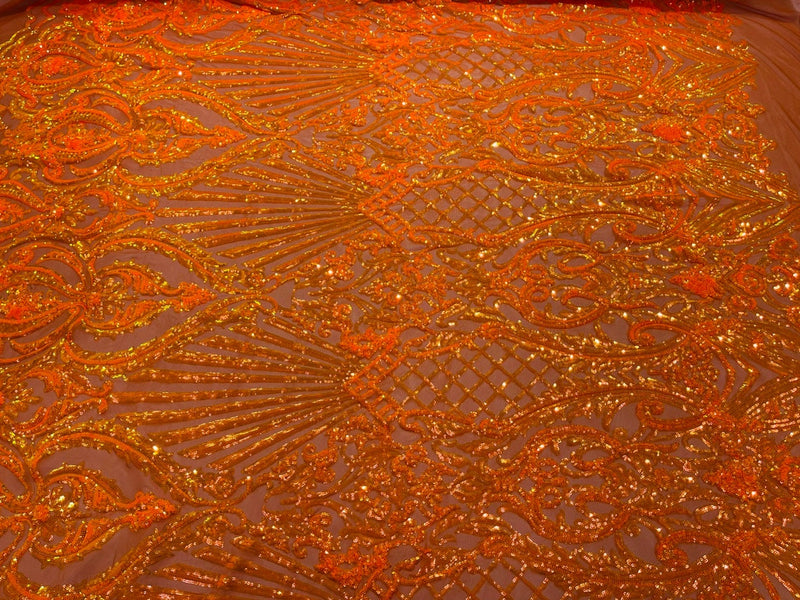 Damask Geometric Sequins - Orange - 4 Way Stretch Sequins Damask Pattern Design Sold By Yard