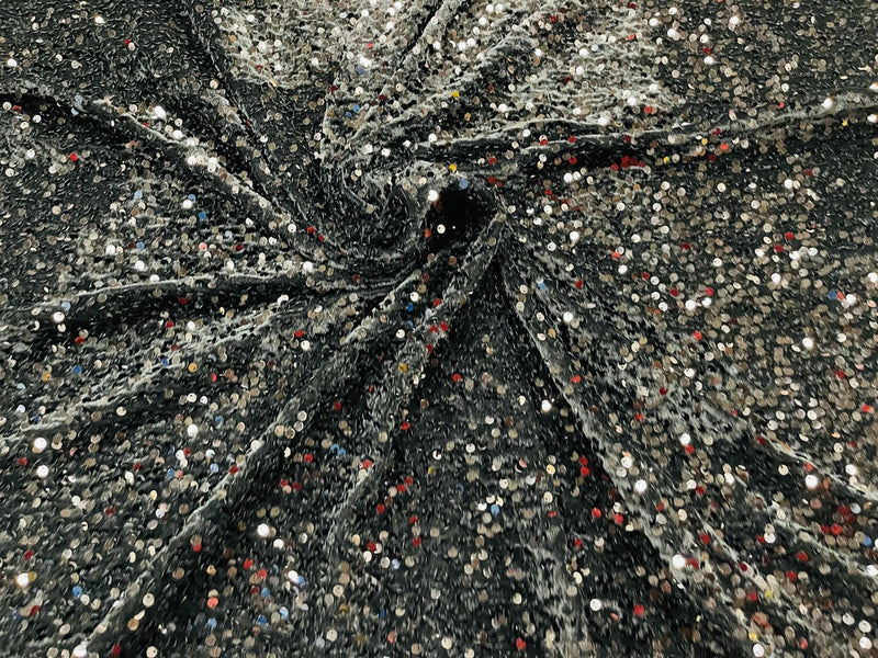 Velvet Stretch Sequins - Black  Sequins on Black 2 Way Stretch Velvet Fabric 58/60”