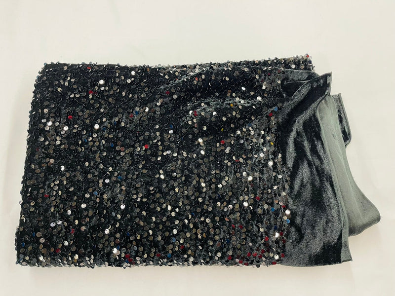 Velvet Stretch Sequins - Black  Sequins on Black 2 Way Stretch Velvet Fabric 58/60”