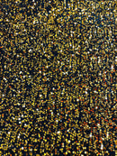 Velvet Stretch Sequins - Gold Sequins on Black  - 2 Way Stretch Velvet Fabric 58/60”
