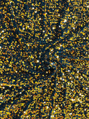 Velvet Stretch Sequins - Gold Sequins on Black  - 2 Way Stretch Velvet Fabric 58/60”