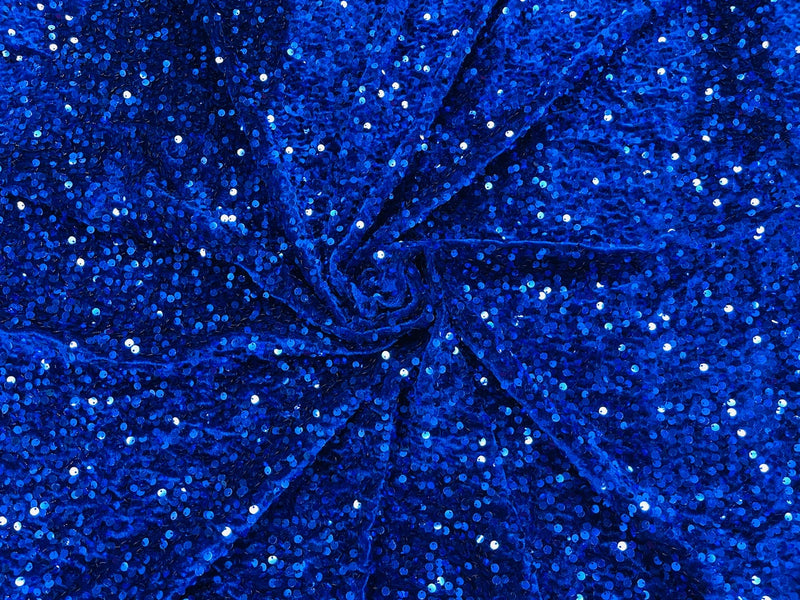 Velvet Stretch Sequins - Royal Blue Sequins on Royal Blue 2 Way Stretch Velvet Fabric 58/60”