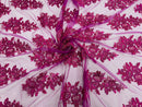 Flower Lace Fabric - Magenta - Fancy Embroidery Design With Sequins on a Mesh