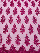 Flower Lace Fabric - Magenta - Fancy Embroidery Design With Sequins on a Mesh