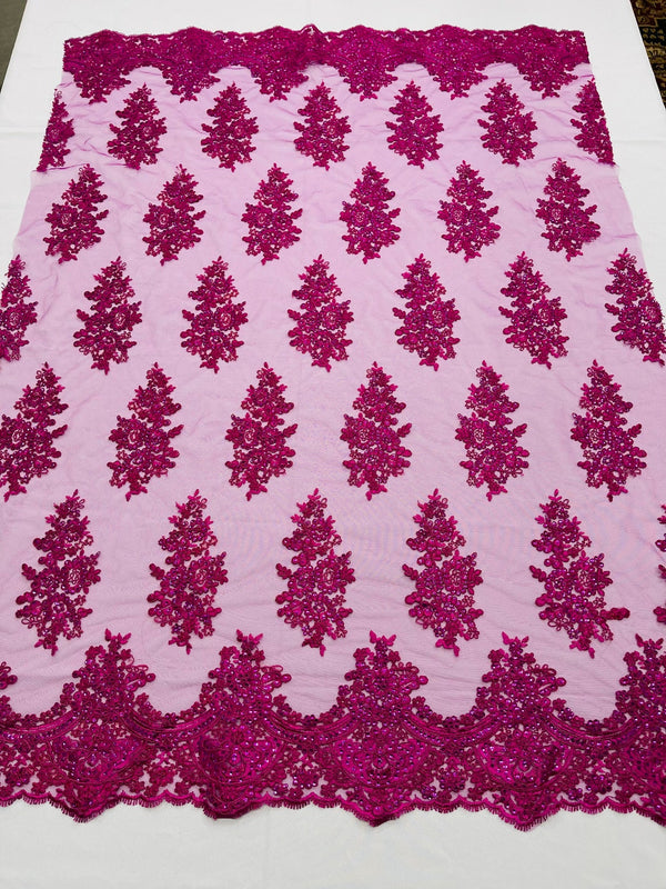 Flower Lace Fabric - Magenta - Fancy Embroidery Design With Sequins on a Mesh