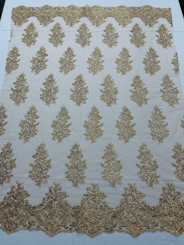 Flower Lace Fabric - Metallic Gold / Nude - Fancy Embroidery Design With Sequins on a Mesh