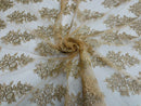 Flower Lace Fabric - Metallic Gold / Nude - Fancy Embroidery Design With Sequins on a Mesh