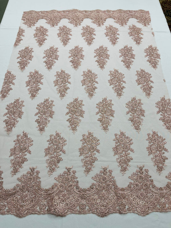 Flower Lace Fabric - Dusty Rose - Fancy Embroidery Design With Sequins on a Mesh