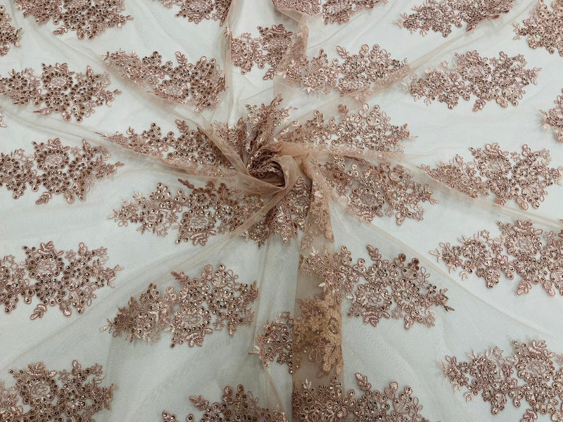 Flower Lace Fabric - Dusty Rose - Fancy Embroidery Design With Sequins on a Mesh