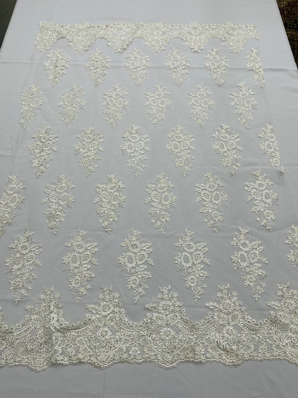 Flower Lace Fabric - Ivory - Fancy Embroidery Design With Sequins on a Mesh