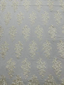 Flower Lace Fabric - Ivory - Fancy Embroidery Design With Sequins on a Mesh