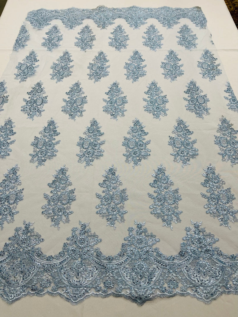 Flower Lace Fabric - Baby Blue - Fancy Embroidery Design With Sequins on a Mesh