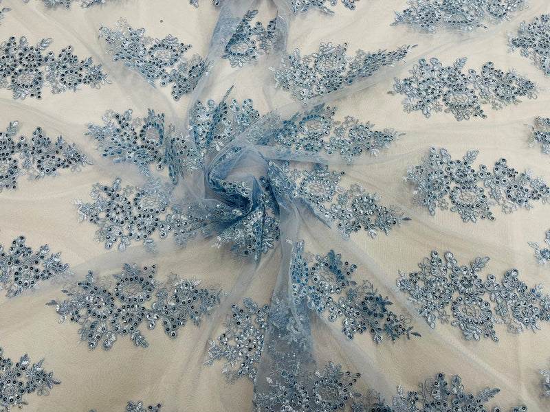 Flower Lace Fabric - Baby Blue - Fancy Embroidery Design With Sequins on a Mesh