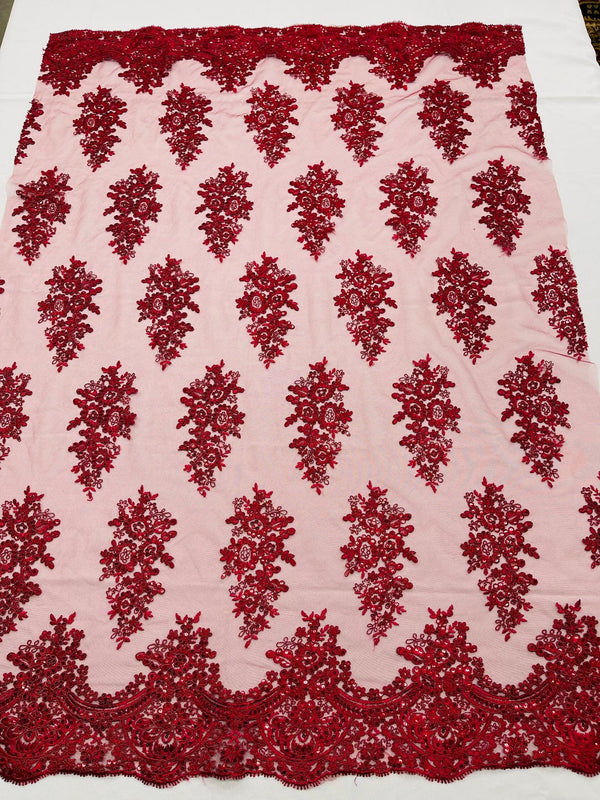 Flower Lace Fabric - Burgundy - Fancy Embroidery Design With Sequins on a Mesh