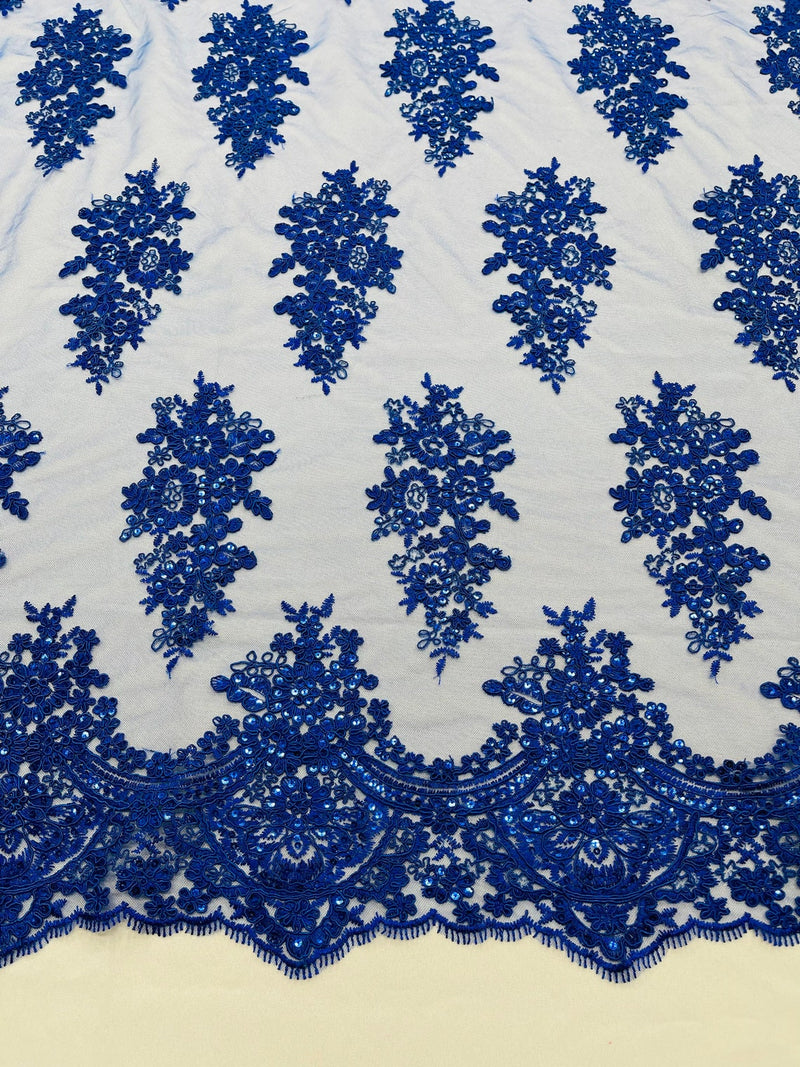 Flower Lace Fabric - Royal Blue - Fancy Embroidery Design With Sequins on a Mesh