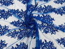 Flower Lace Fabric - Royal Blue - Fancy Embroidery Design With Sequins on a Mesh
