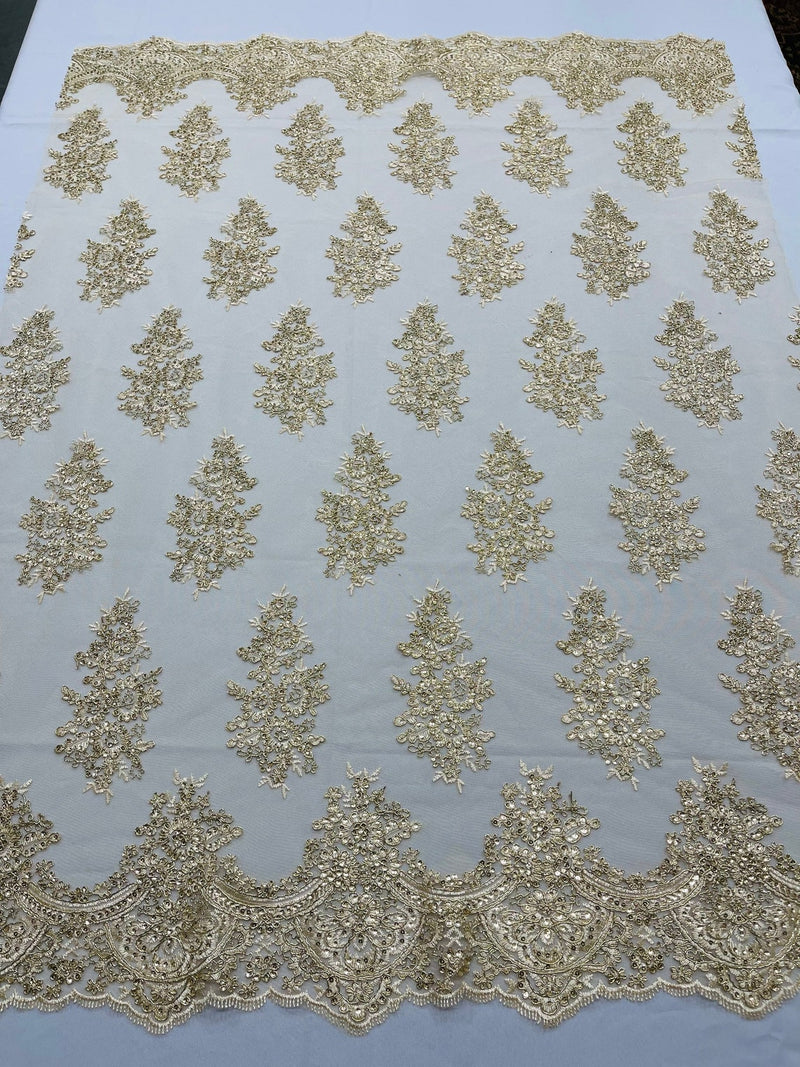 Flower Lace Fabric - Metallic Gold - Fancy Embroidery Design With Sequins on a Mesh